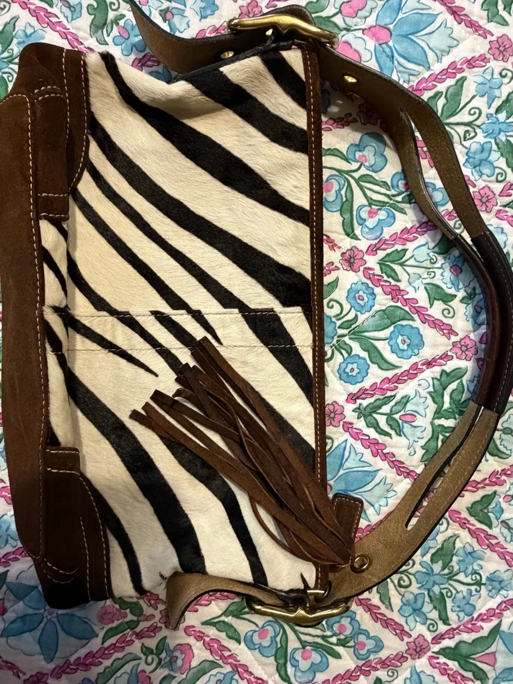 Coach Zebra Hair-On-Hide Shoulder Bag with Brown Suede Trim